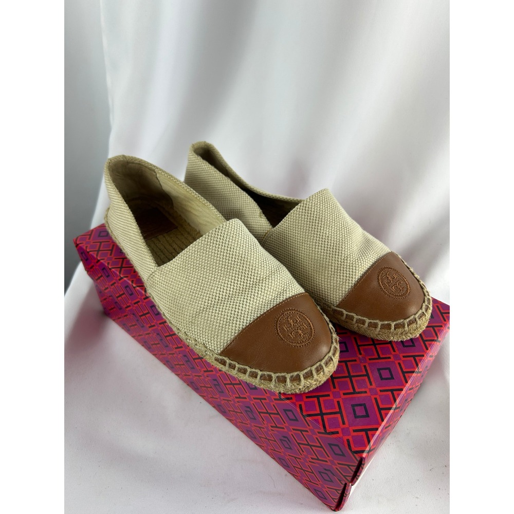 Tory Burch Color Block Flat Espadrille Sand Leather Logo Tan Beige Shoes 7.5